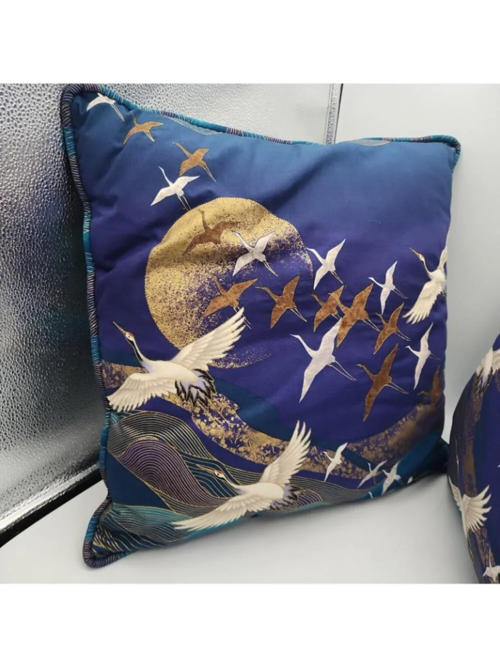 Vintage Blue & Gold Crane Pillows Set Of 2 16x16